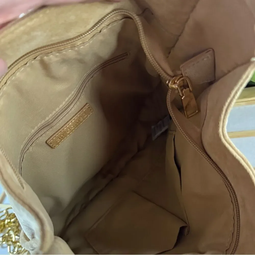 AH DORNED women’s tan brown suede shoulder bag and gold link chain strap